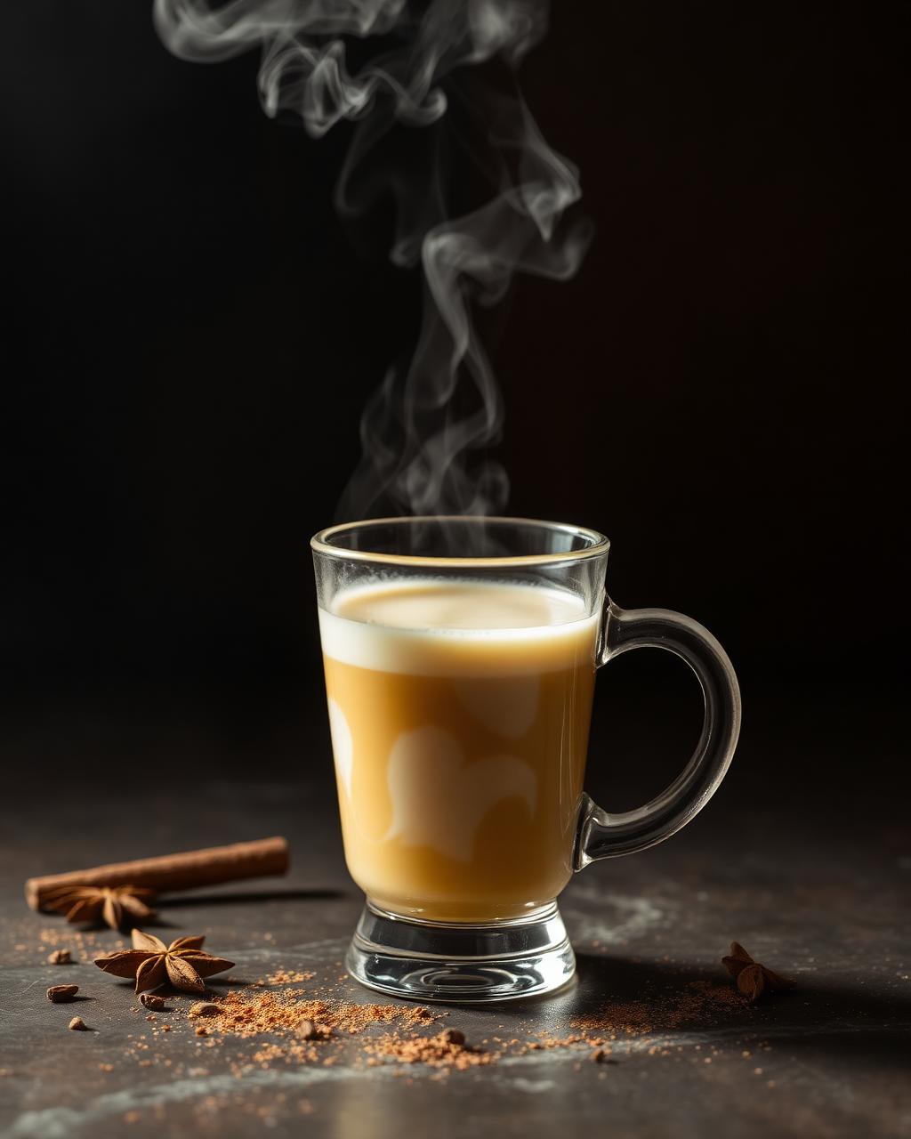 Steaming glass of karak chai